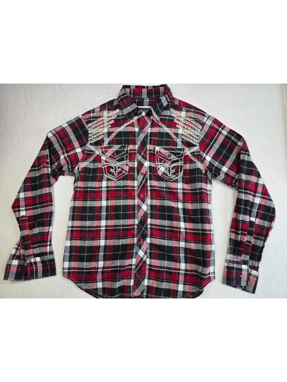 King Maker Mens Western Plaid Shirt Medium Red & Black Embroidered